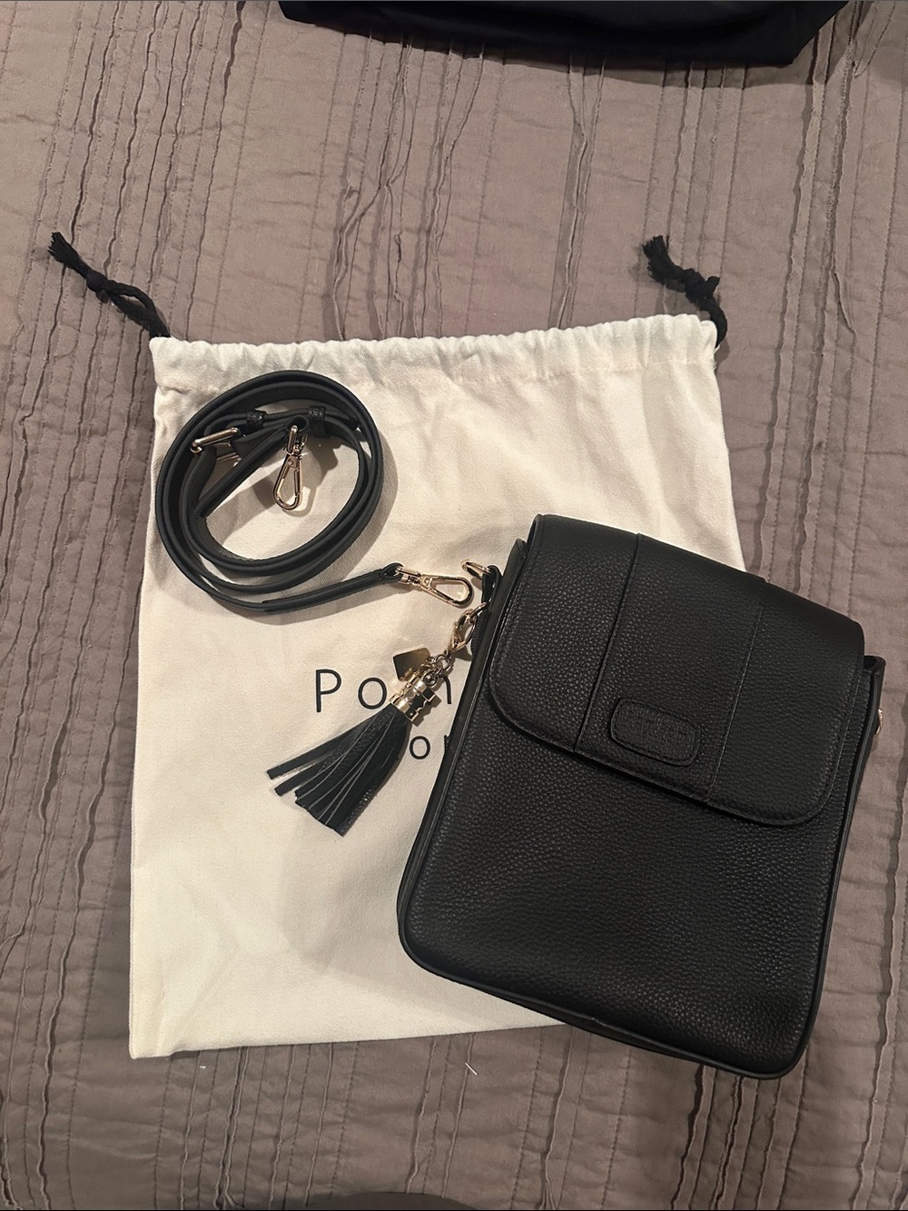 Pom Pom London Black Pebbled Leather Crossbody with Tassel Charm